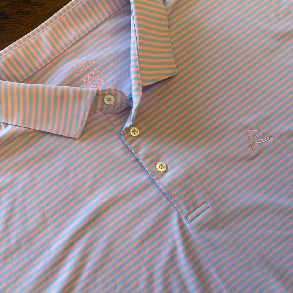 Rhoback Polo Shirt Mens 3XL Blue Pink Stripe Golf Performance Stretch Jersey